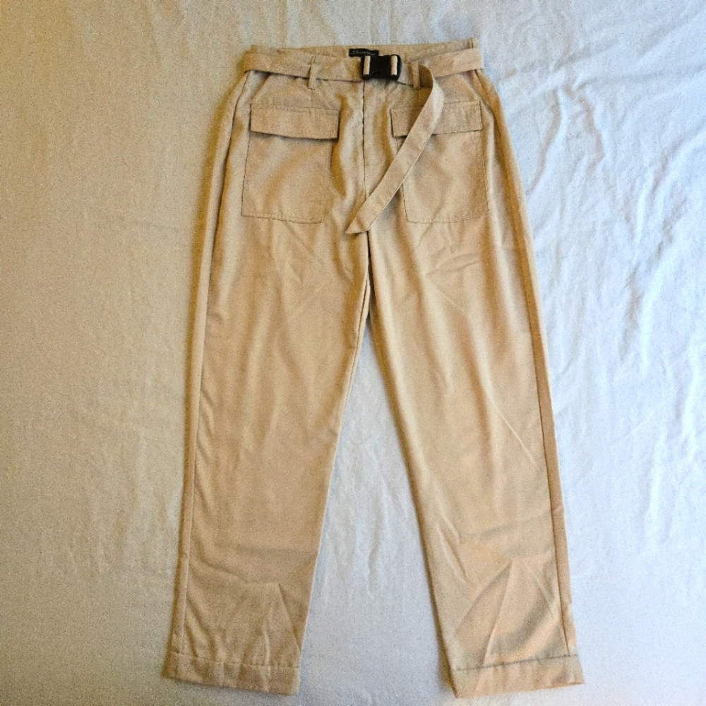 Shinestar Khaki Beige Belted Cropped Pants